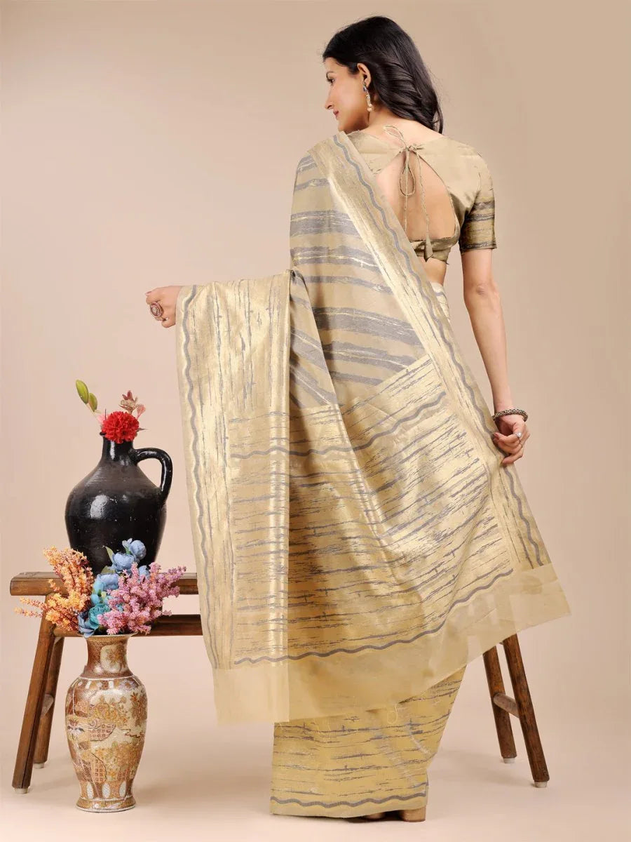 Cream Cotton Saree With Blouse Piece - EZBER