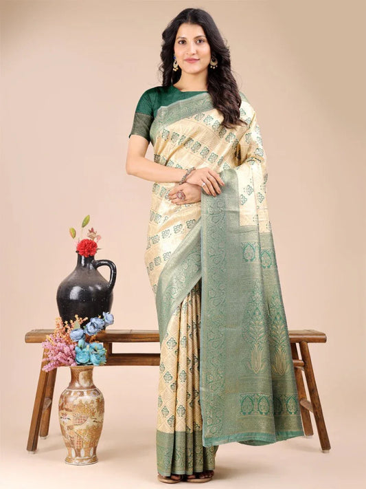 Cream & Green Banarasi Silk Saree With Blouse Piece - EZBER