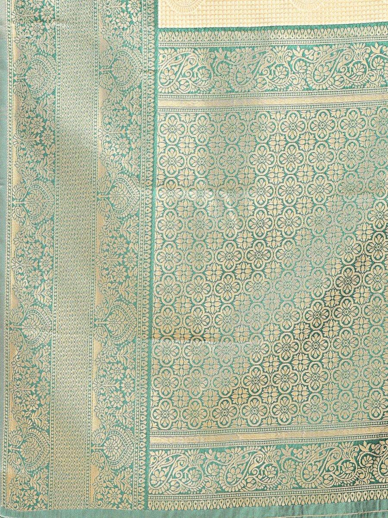 Cream & Green Banarasi Silk Saree With Blouse Piece - EZBER
