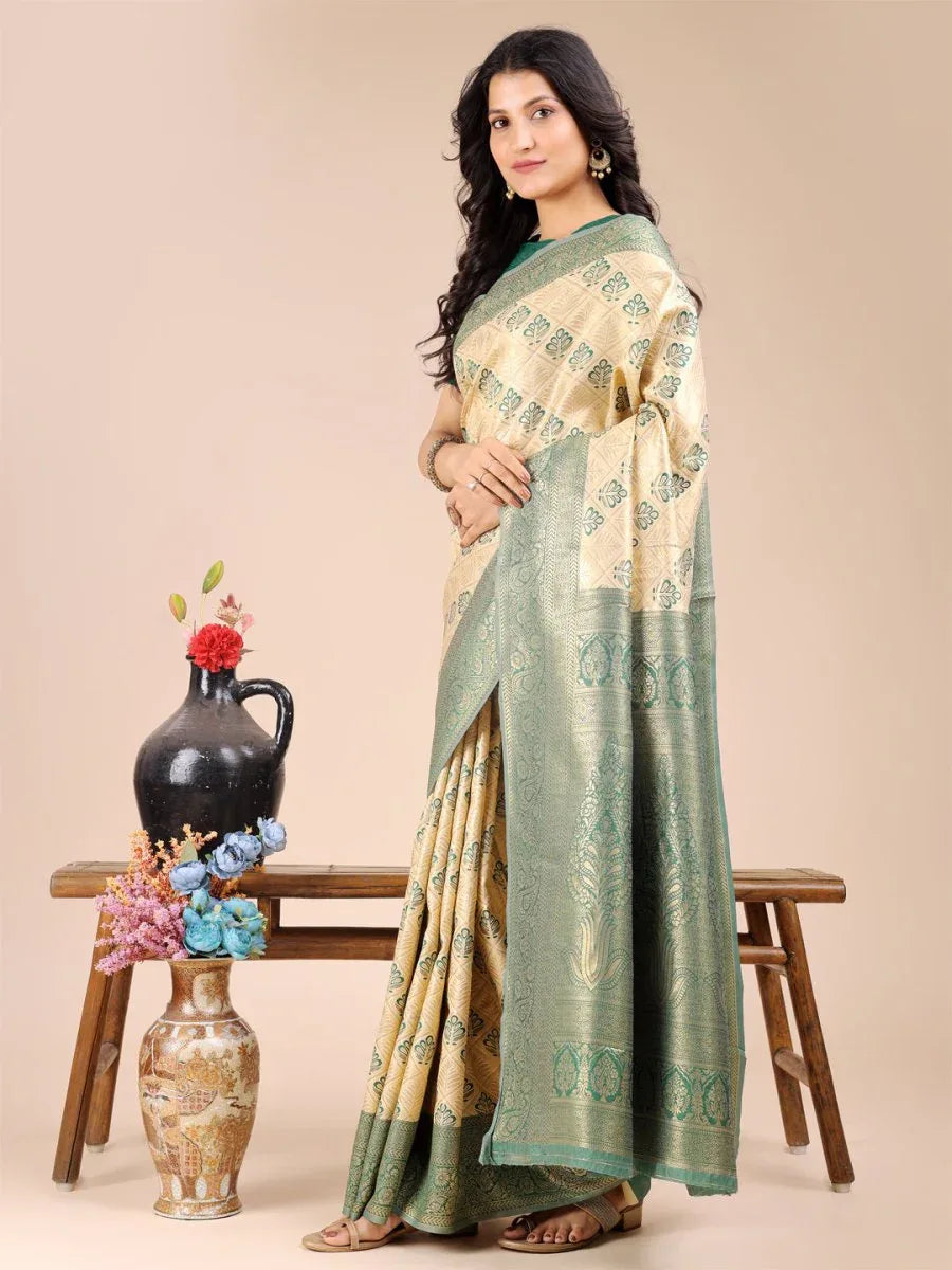 Cream & Green Banarasi Silk Saree With Blouse Piece - EZBER