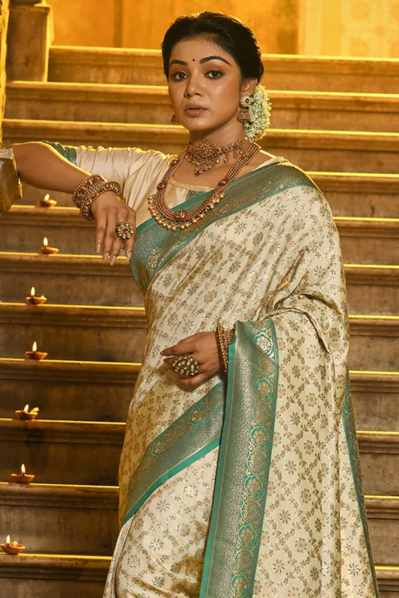 Cream & Green Banarasi Silk Saree With Blouse Piece - EZBER