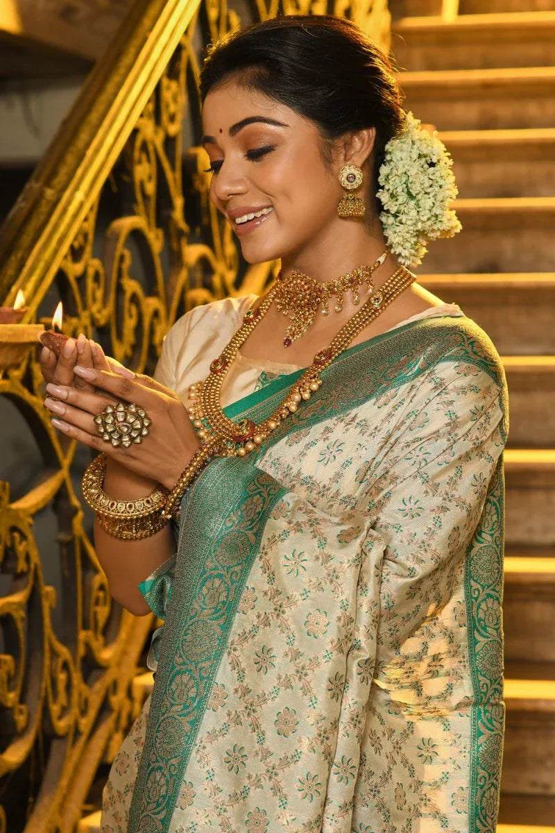Cream & Green Banarasi Silk Saree With Blouse Piece - EZBER