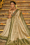Cream & Green Banarasi Silk Saree With Blouse Piece - EZBER