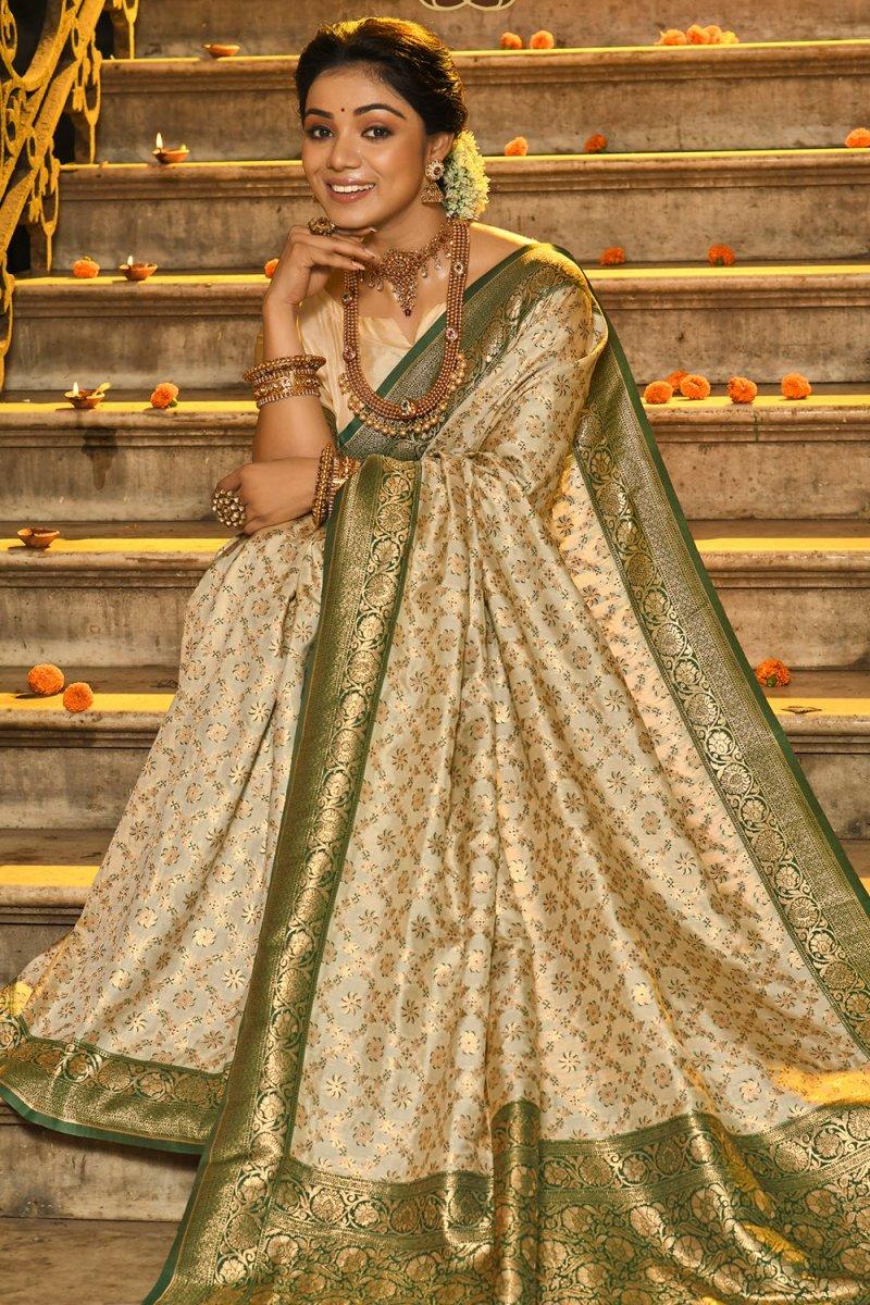 Cream & Green Banarasi Silk Saree With Blouse Piece - EZBER