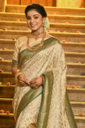 Cream & Green Banarasi Silk Saree With Blouse Piece - EZBER