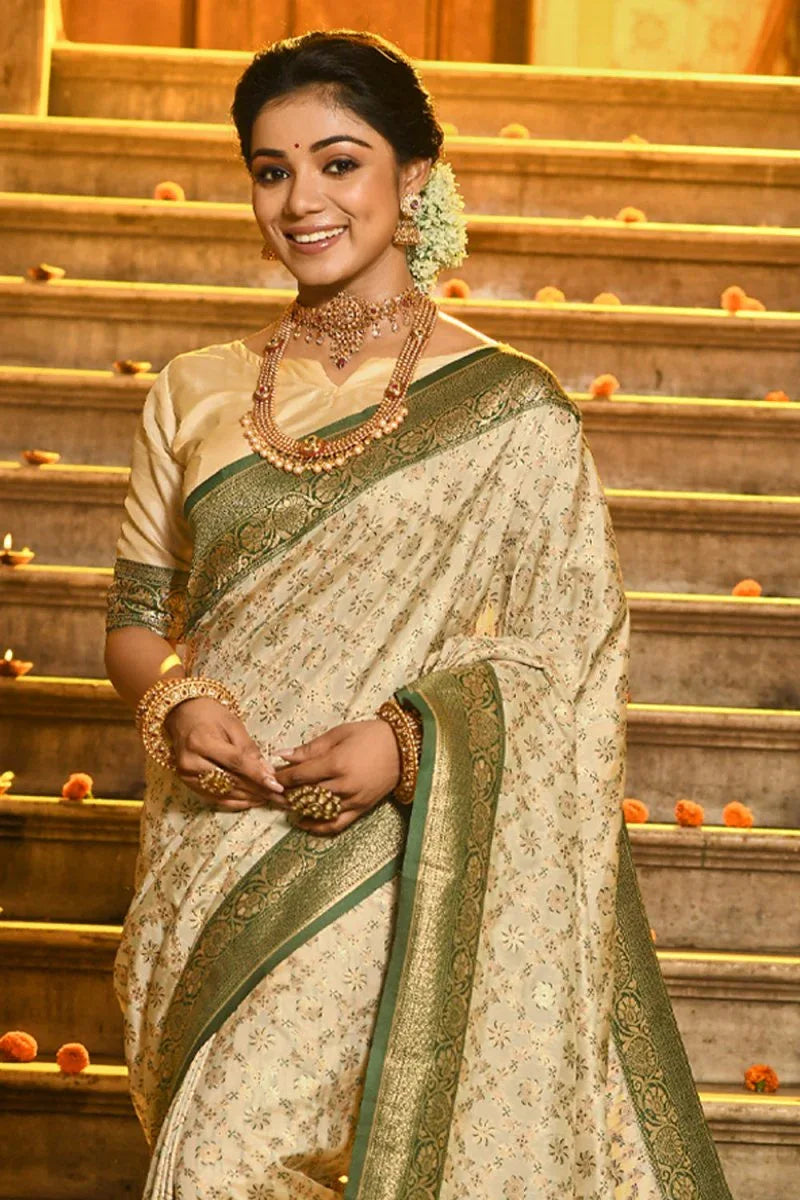 Cream & Green Banarasi Silk Saree With Blouse Piece - EZBER