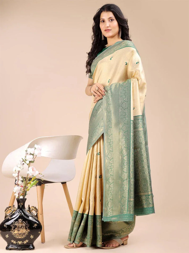 Cream & Green Banarasi Silk Saree With Blouse Piece - EZBER