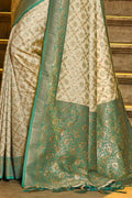 Cream & Green Banarasi Silk Saree With Blouse Piece - EZBER