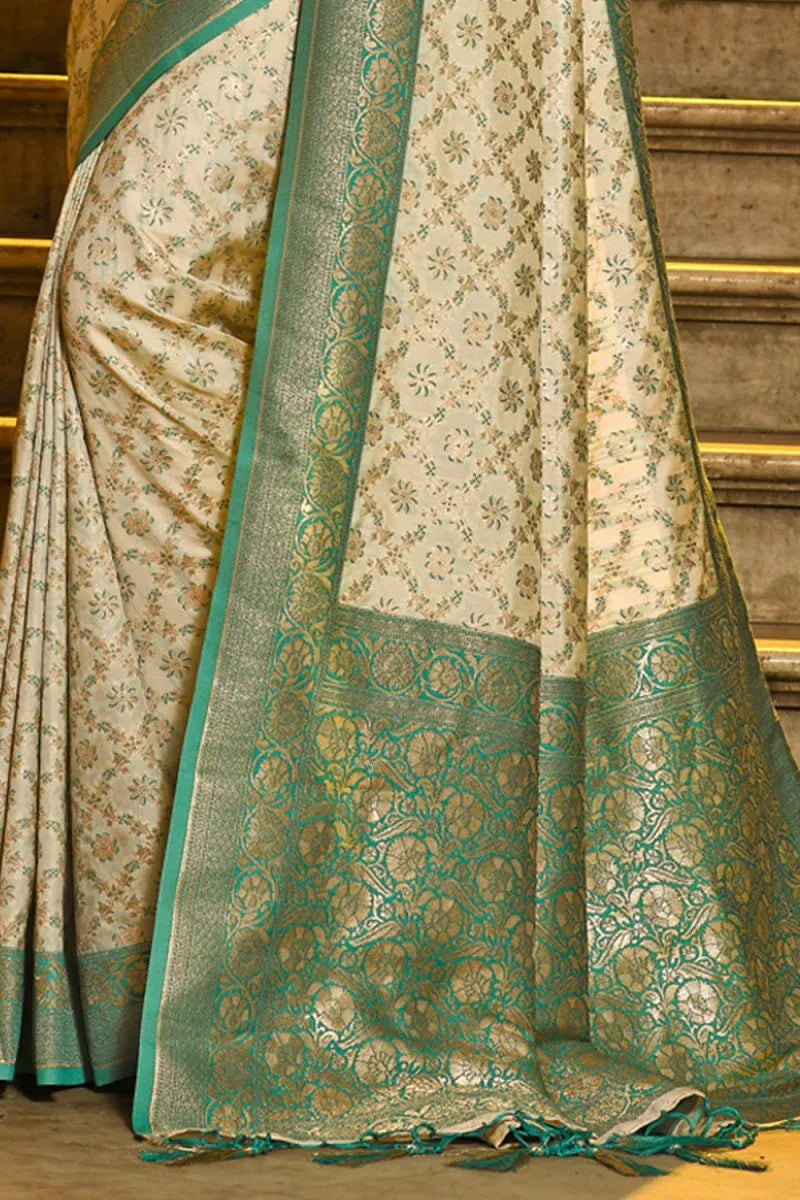 Cream & Green Banarasi Silk Saree With Blouse Piece - EZBER