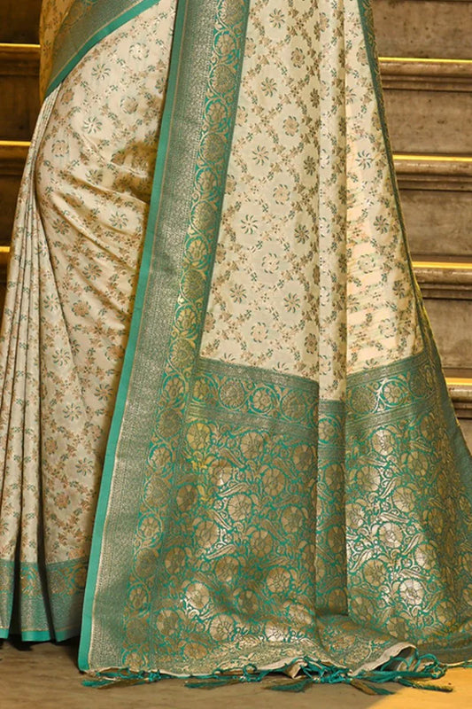 Cream & Green Banarasi Silk Saree With Blouse Piece - EZBER