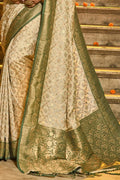 Cream & Green Banarasi Silk Saree With Blouse Piece - EZBER