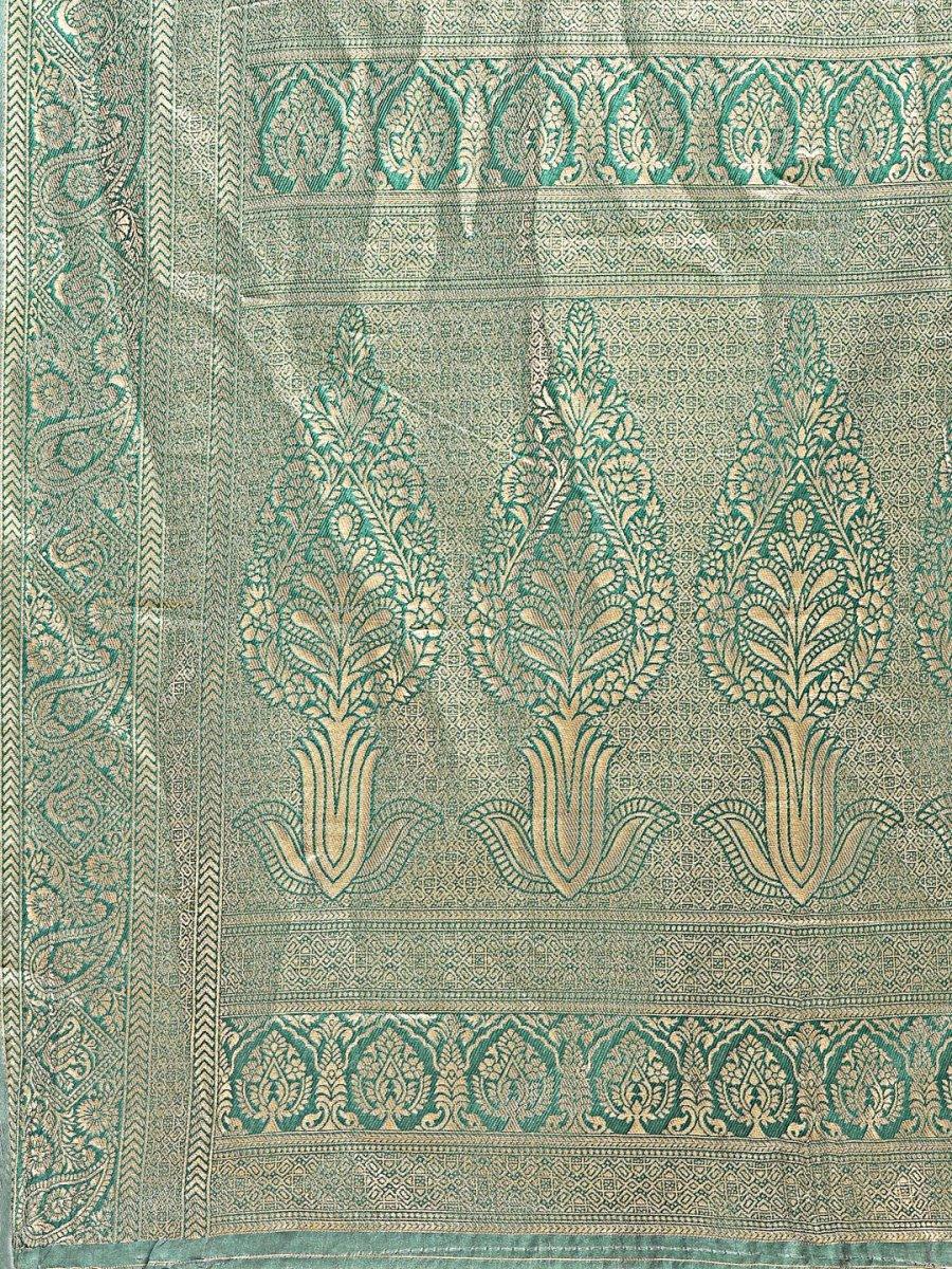 Cream & Green Banarasi Silk Saree With Blouse Piece - EZBER