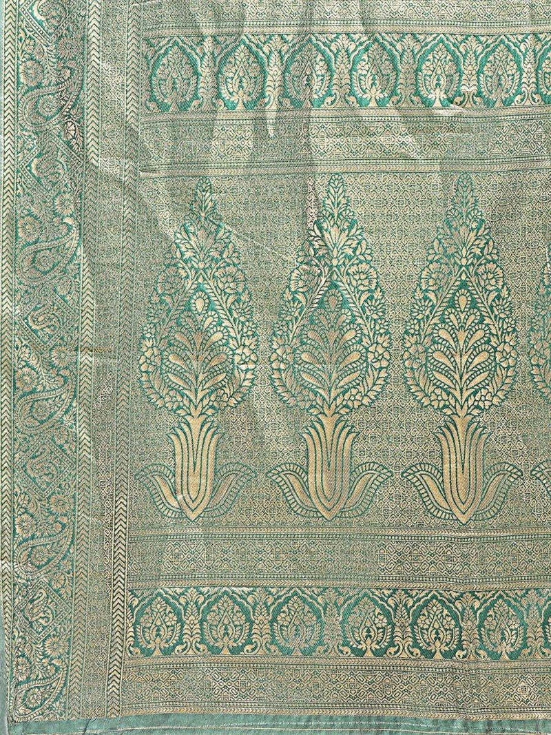 Cream & Green Banarasi Silk Saree With Blouse Piece - EZBER