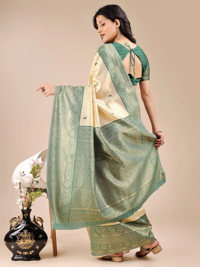 Cream & Green Banarasi Silk Saree With Blouse Piece - EZBER
