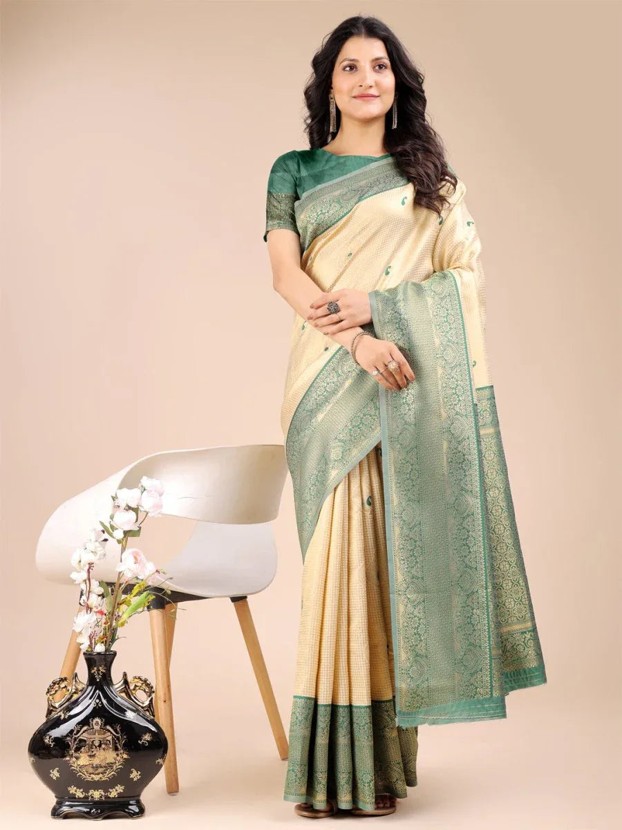 Cream & Green Banarasi Silk Saree With Blouse Piece - EZBER