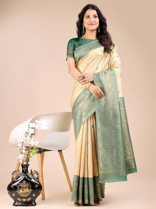 Cream & Green Banarasi Silk Saree With Blouse Piece - EZBER