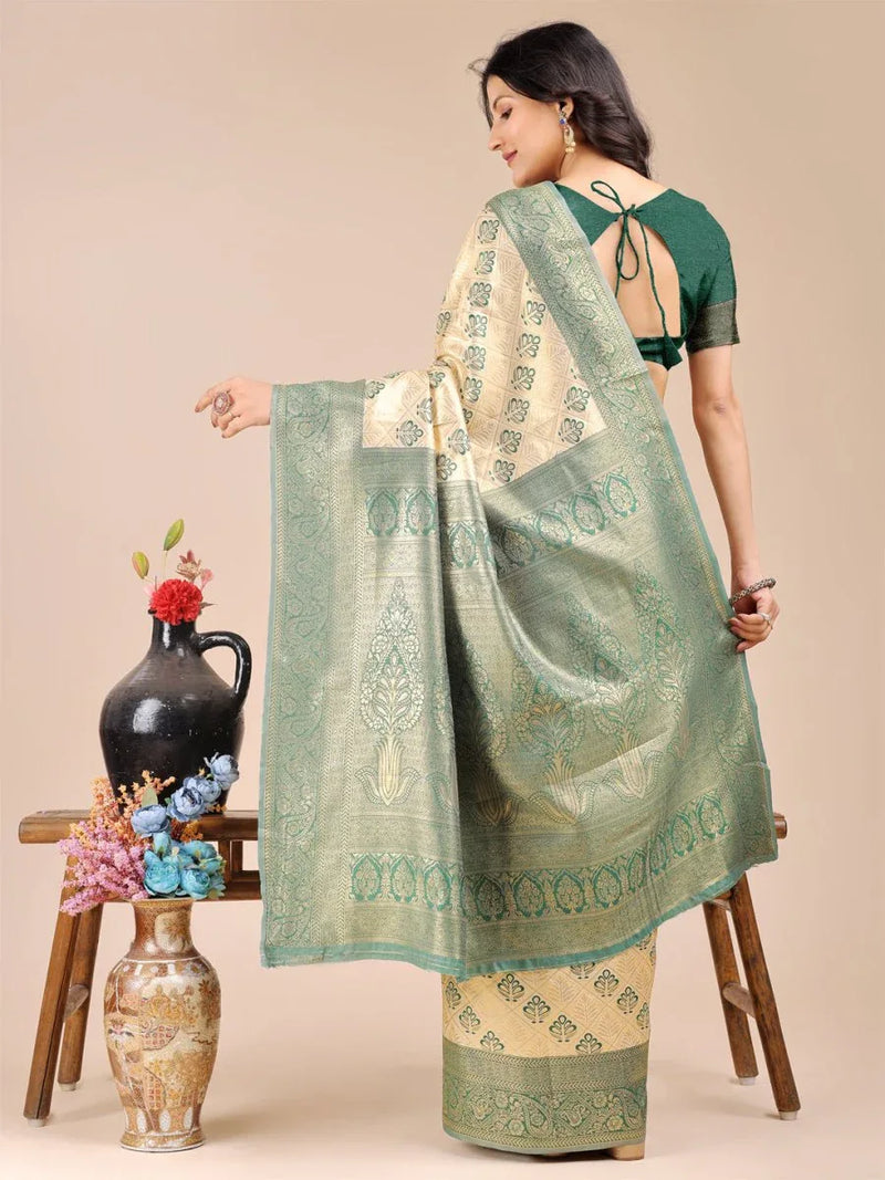 Cream & Green Banarasi Silk Saree With Blouse Piece - EZBER