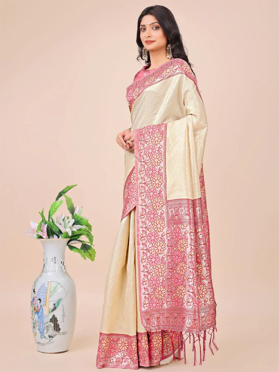 Cream Lichi Silk Saree With Blouse Piece - EZBER