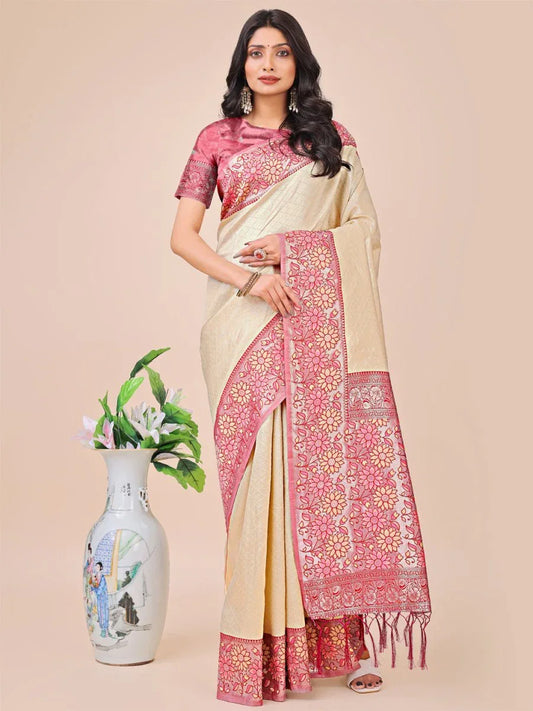Cream Lichi Silk Saree With Blouse Piece - EZBER