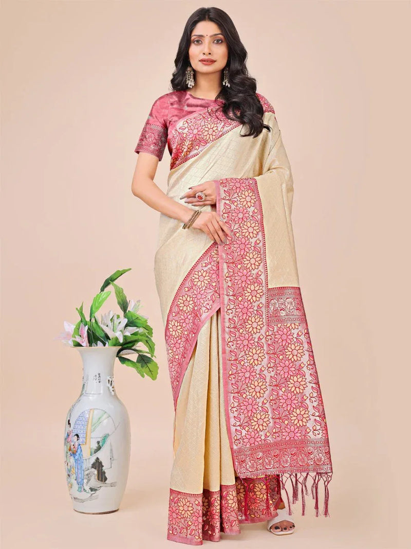 Cream Lichi Silk Saree With Blouse Piece - EZBER
