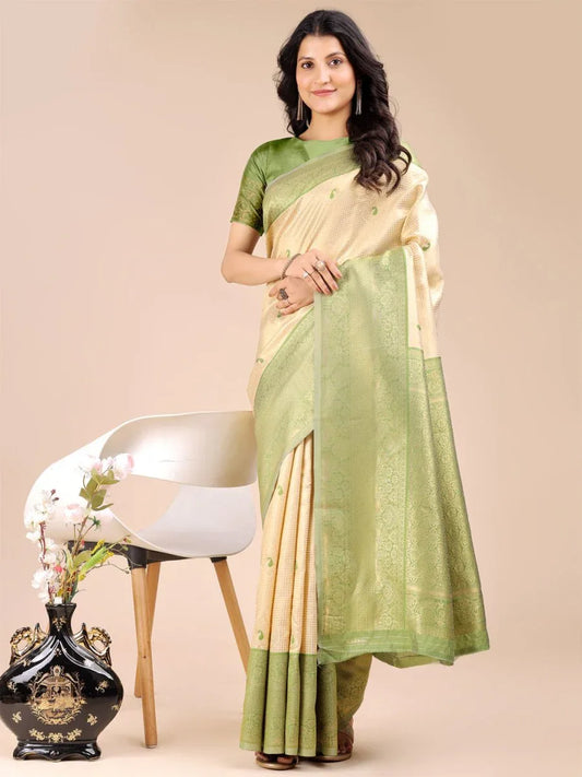 Cream & Light Green Banarasi Silk Saree With Blouse Piece - EZBER
