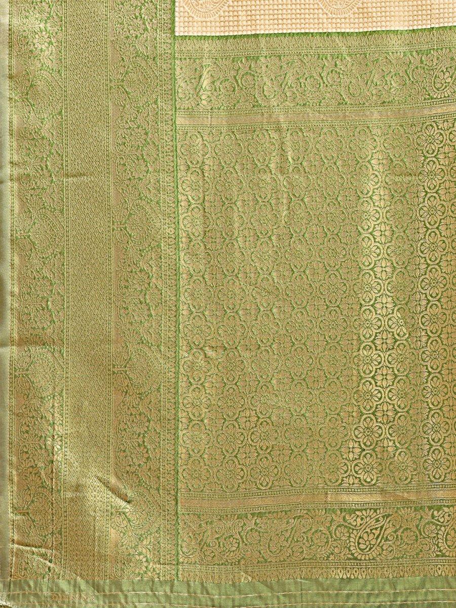 Cream & Light Green Banarasi Silk Saree With Blouse Piece - EZBER