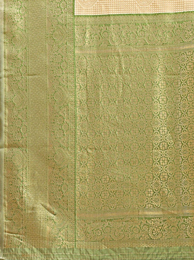 Cream & Light Green Banarasi Silk Saree With Blouse Piece - EZBER