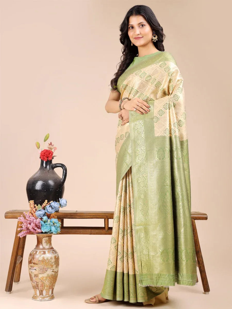 Cream & Light Green Banarasi Silk Saree With Blouse Piece - EZBER