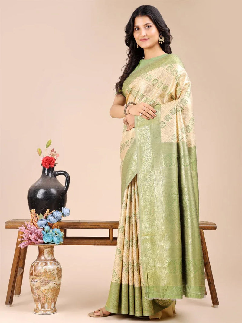 Cream & Light Green Banarasi Silk Saree With Blouse Piece - EZBER