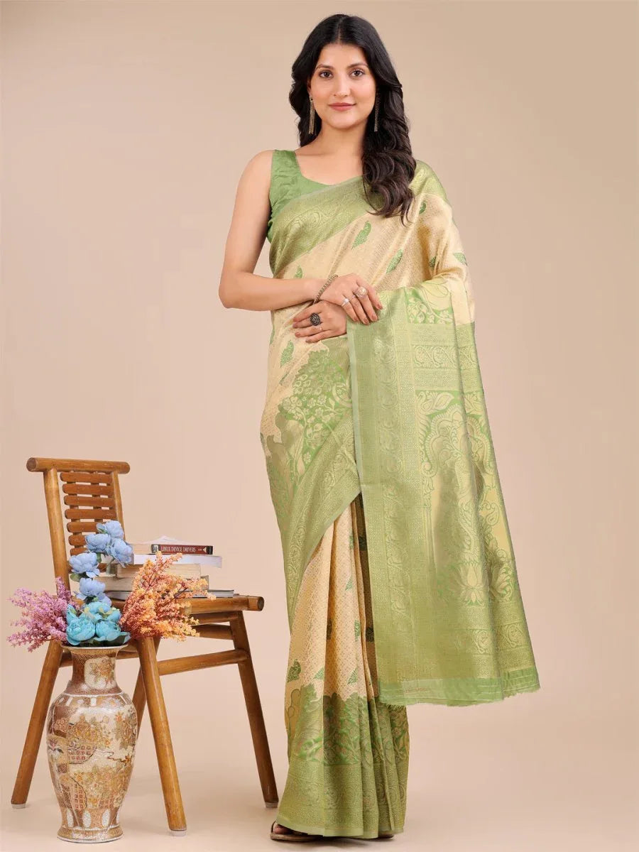 Cream & Light Green Banarasi Silk Saree With Blouse Piece - EZBER