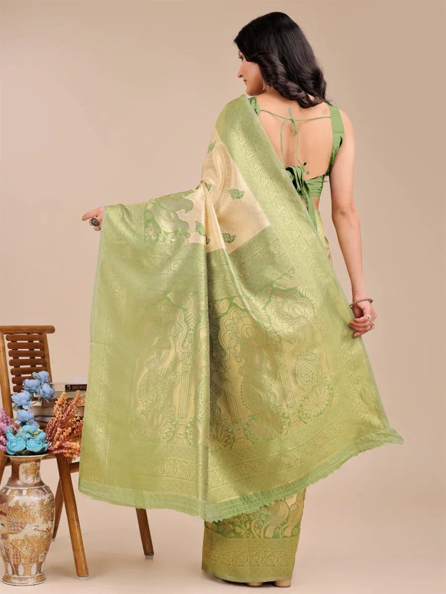 Cream & Light Green Banarasi Silk Saree With Blouse Piece - EZBER