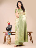 Cream & Light Green Banarasi Silk Saree With Blouse Piece - EZBER
