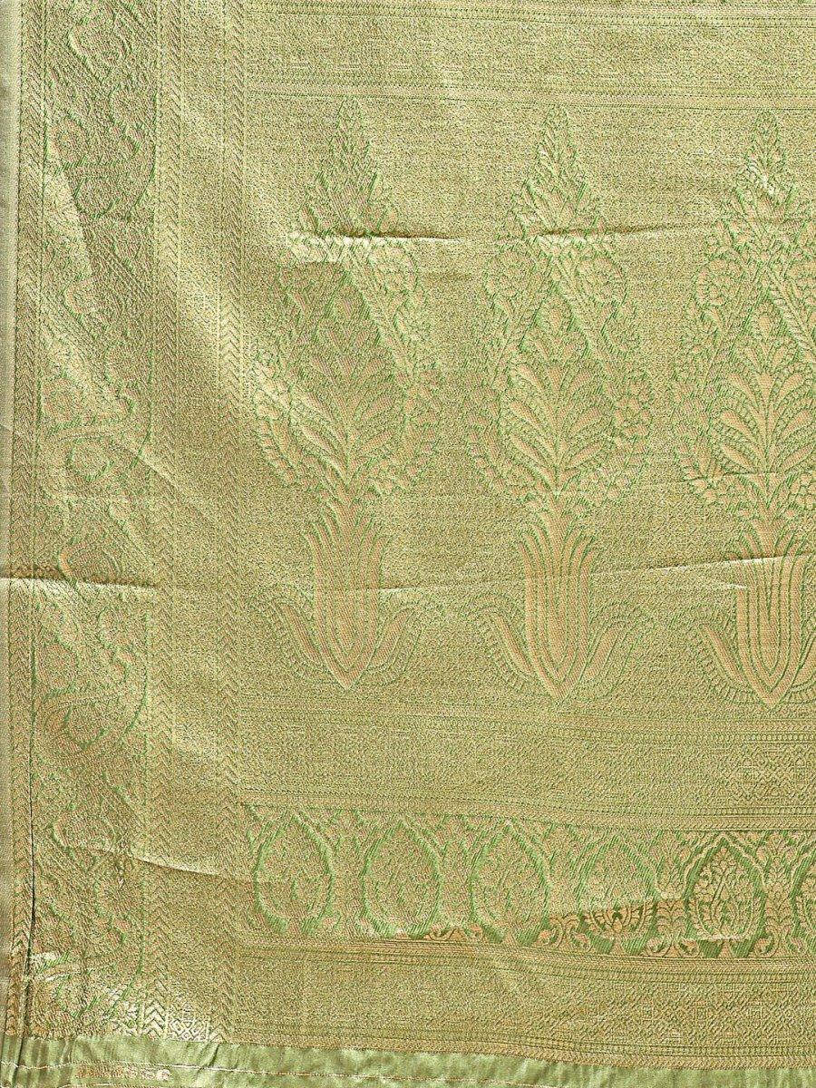 Cream & Light Green Banarasi Silk Saree With Blouse Piece - EZBER