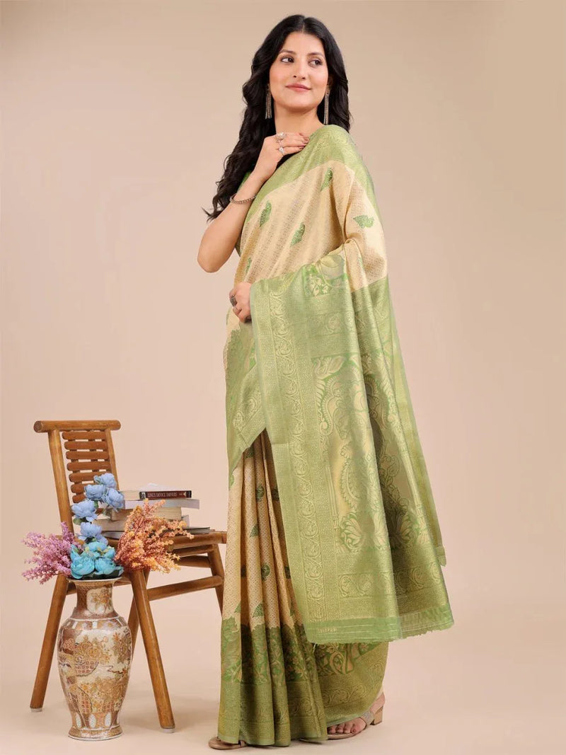 Cream & Light Green Banarasi Silk Saree With Blouse Piece - EZBER
