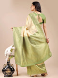 Cream & Light Green Banarasi Silk Saree With Blouse Piece - EZBER