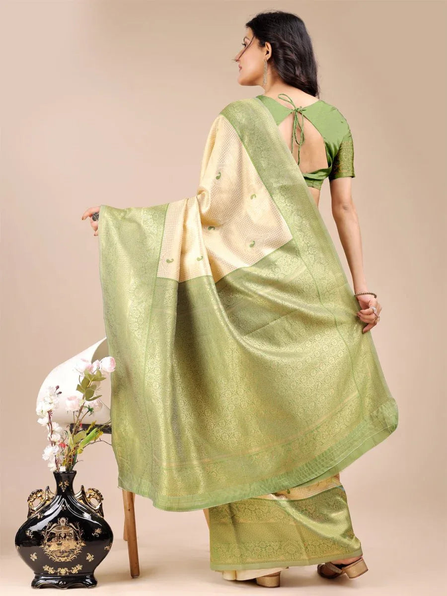Cream & Light Green Banarasi Silk Saree With Blouse Piece - EZBER