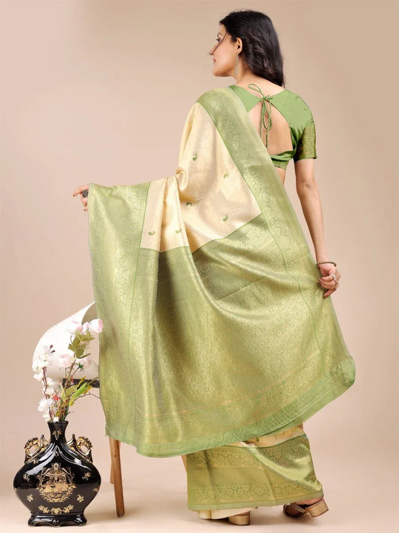 Cream & Light Green Banarasi Silk Saree With Blouse Piece - EZBER