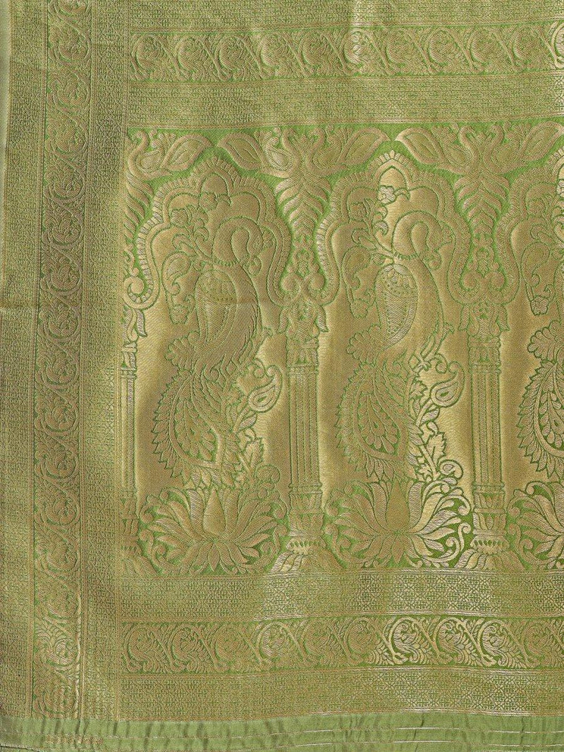 Cream & Light Green Banarasi Silk Saree With Blouse Piece - EZBER