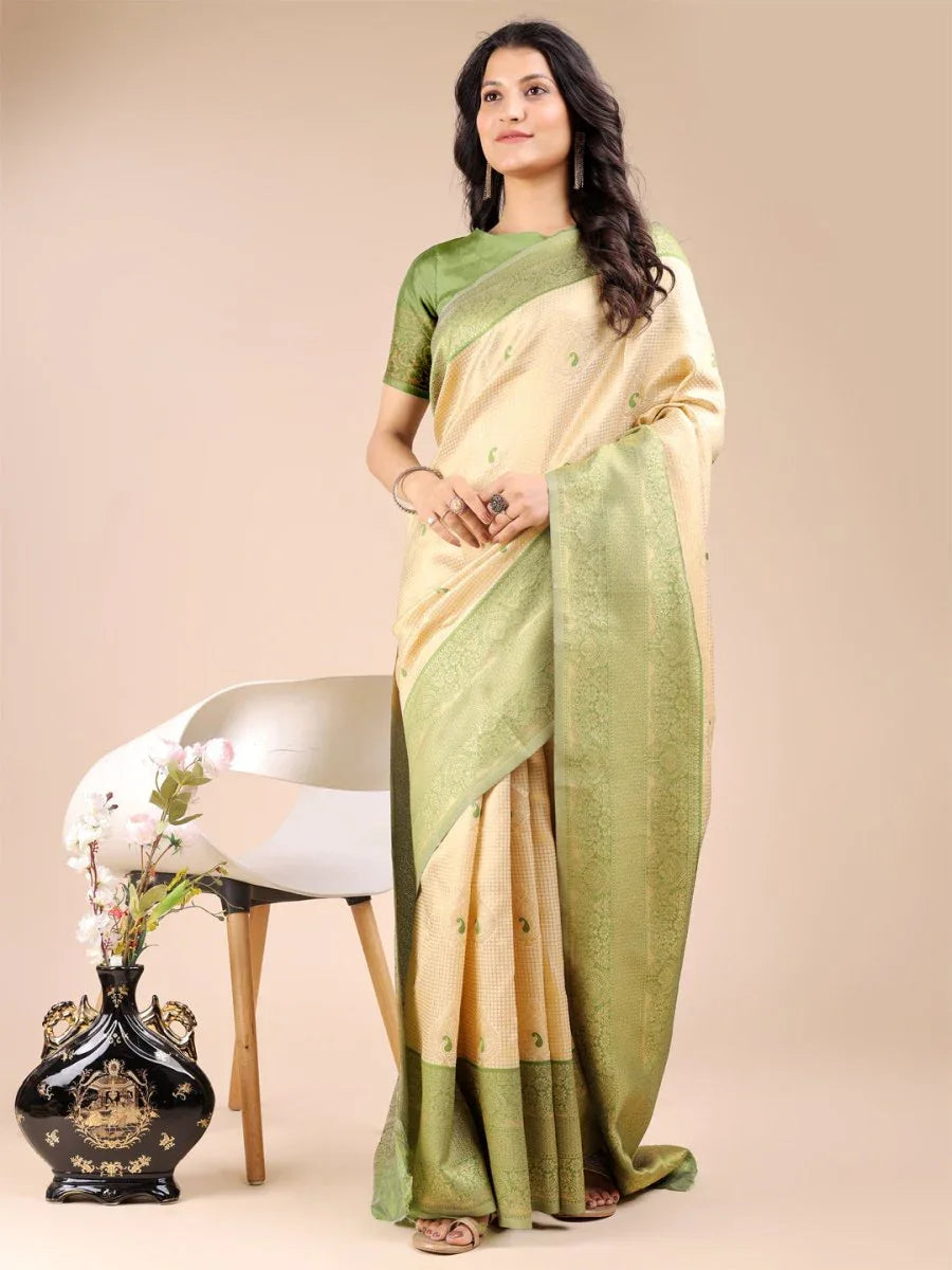 Cream & Light Green Banarasi Silk Saree With Blouse Piece - EZBER