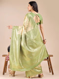 Cream & Light Green Banarasi Silk Saree With Blouse Piece - EZBER