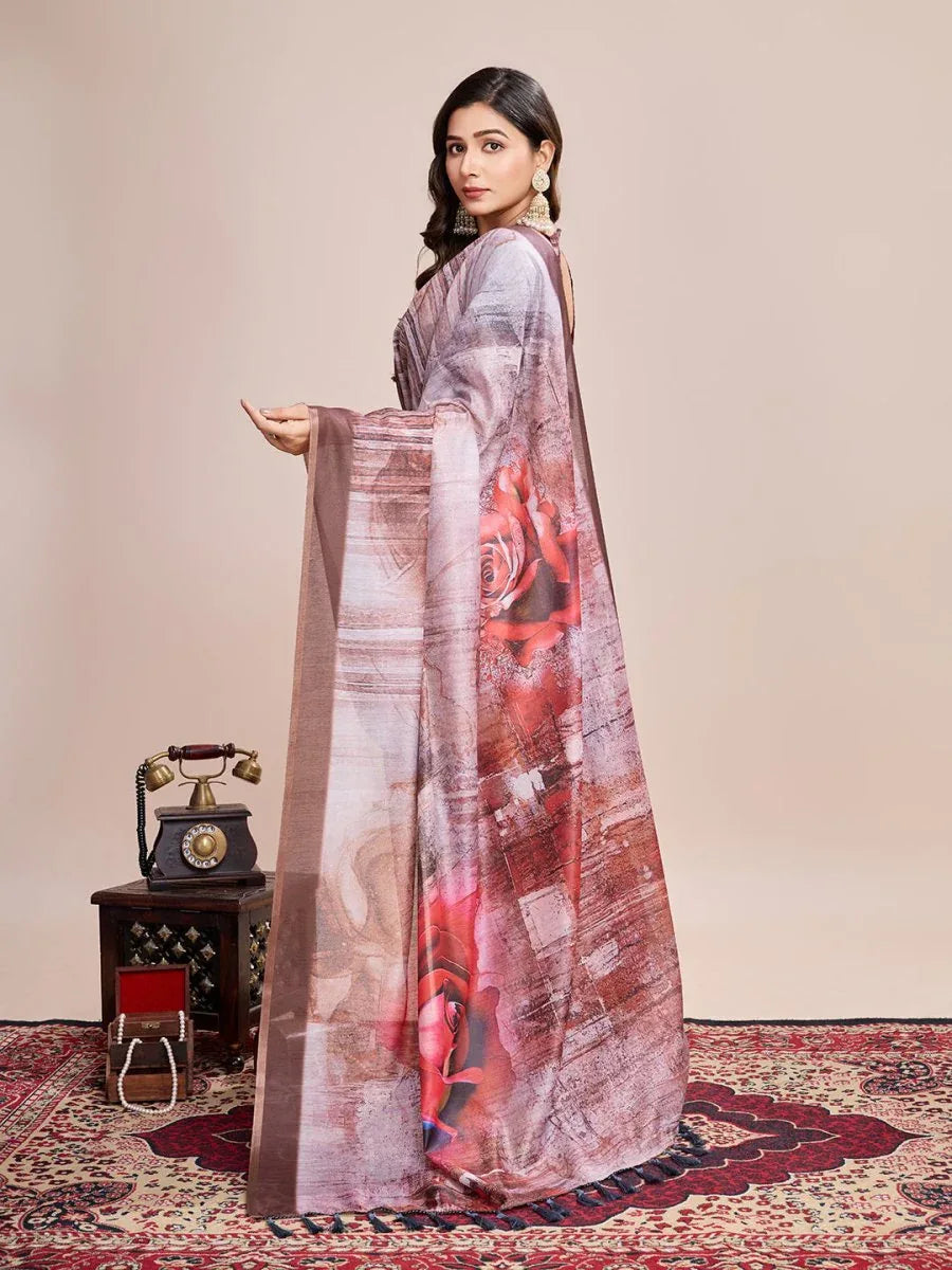 Cream Linen Blend Saree With Blouse Piece - EZBER