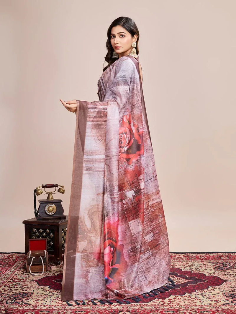 Cream Linen Blend Saree With Blouse Piece - EZBER