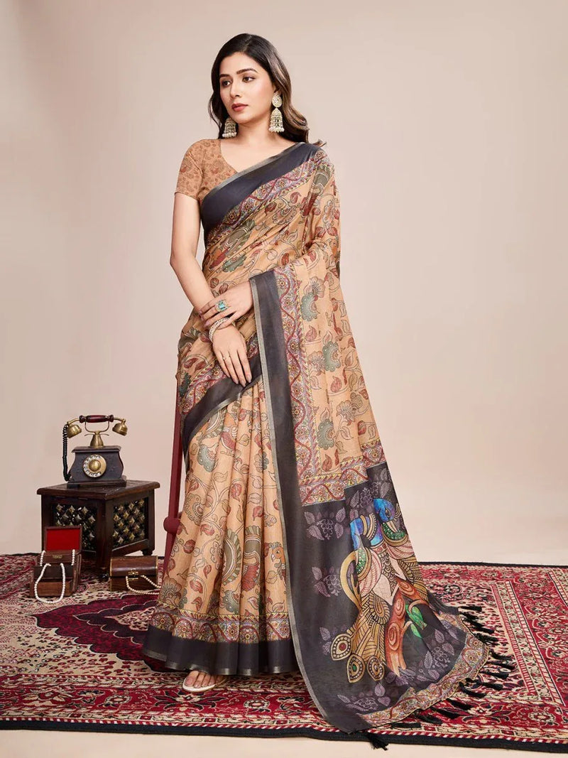 Cream Linen Blend Saree With Blouse Piece - EZBER