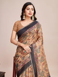 Cream Linen Blend Saree With Blouse Piece - EZBER