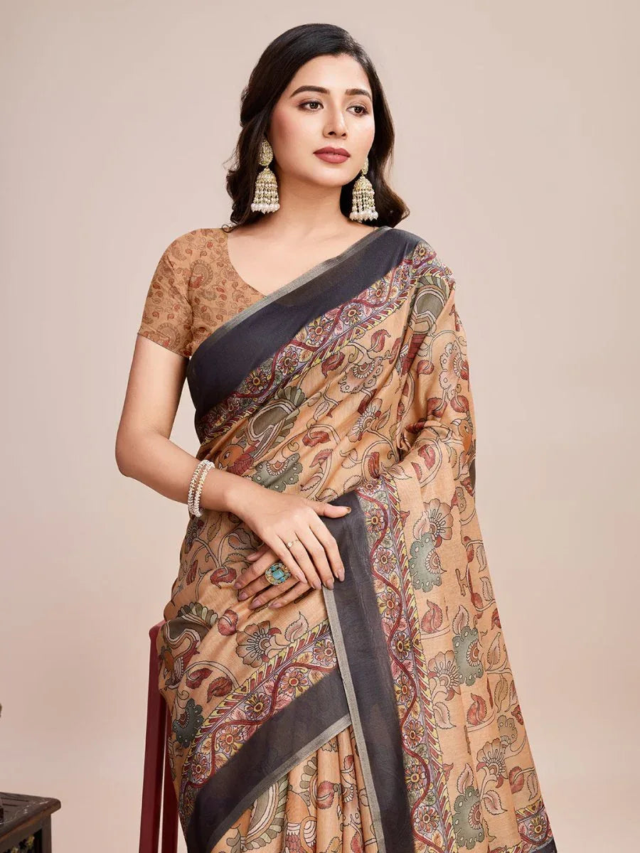 Cream Linen Blend Saree With Blouse Piece - EZBER