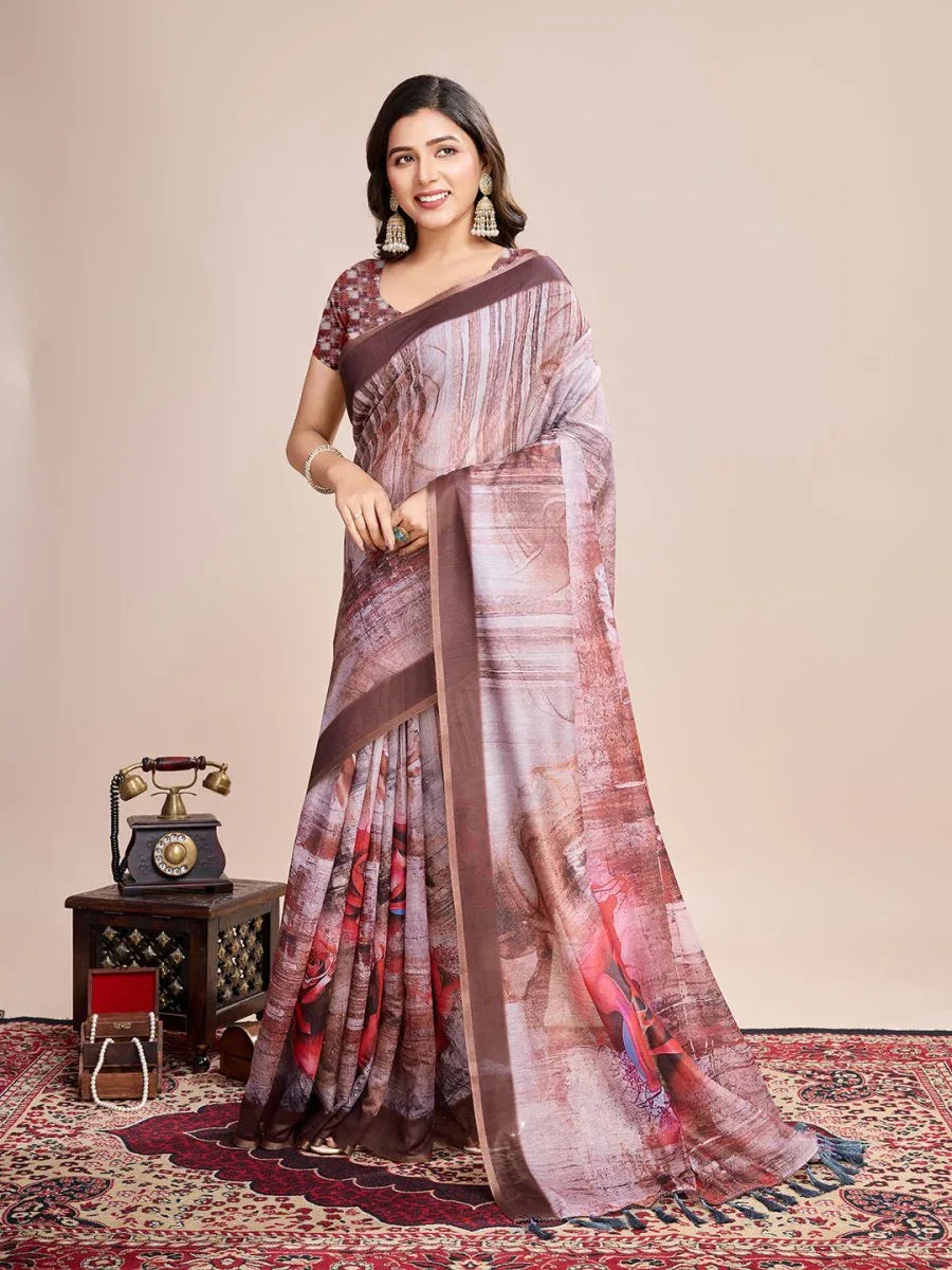 Cream Linen Blend Saree With Blouse Piece - EZBER