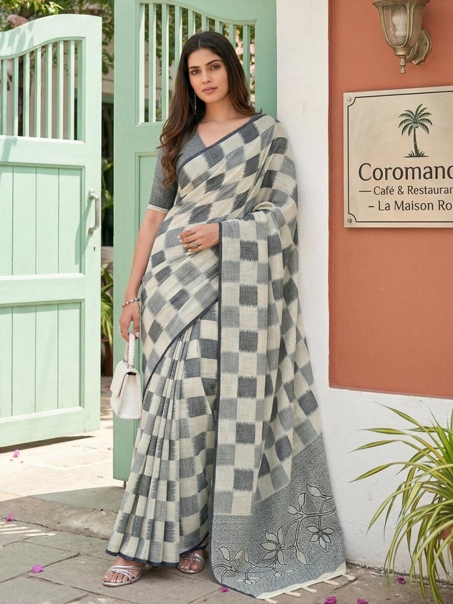 Cream Linen Cotton Handloom Saree | EZB SI04 SUVAN1004 - EZBER