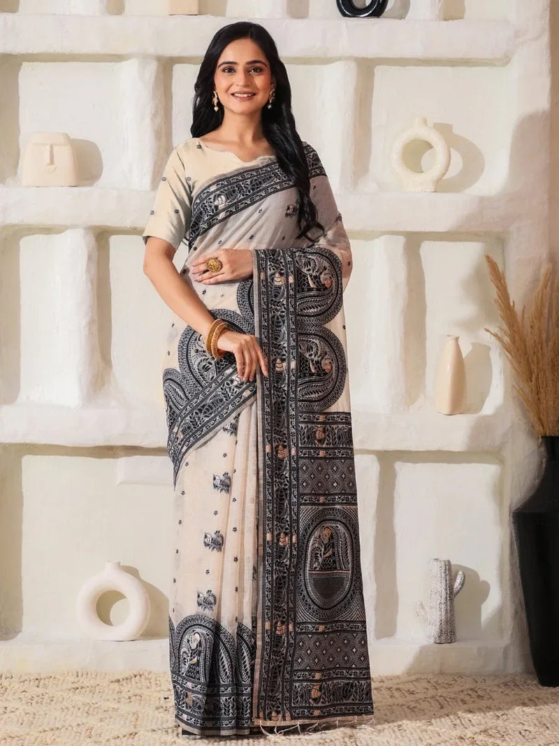 Cream Linen Cotton Saree With Blouse Piece - EZBER