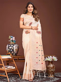 Cream Linen Cotton Saree With Blouse Piece - EZBER