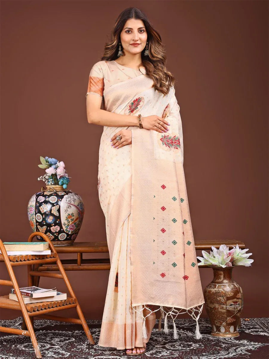 Cream Linen Cotton Saree With Blouse Piece - EZBER